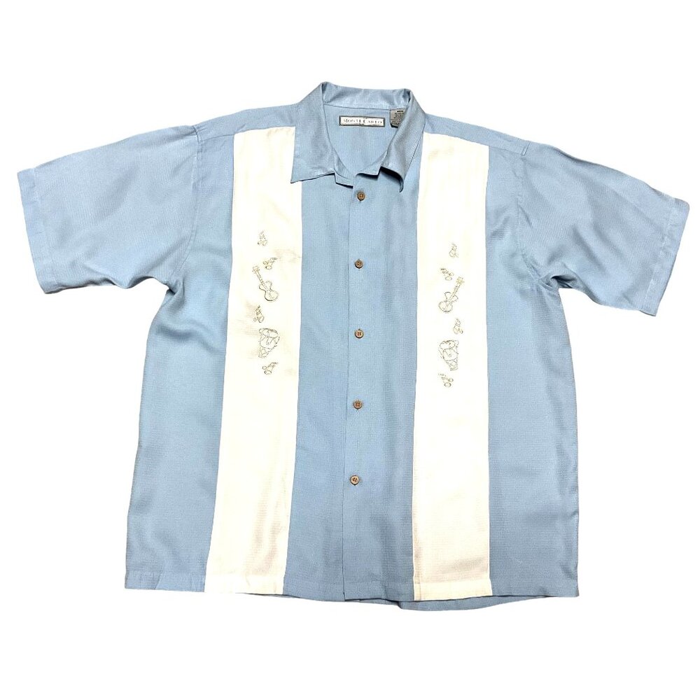 Blue White Hawaiian Style Shirt Sz XL Vintage Retro Musical Notes Mens